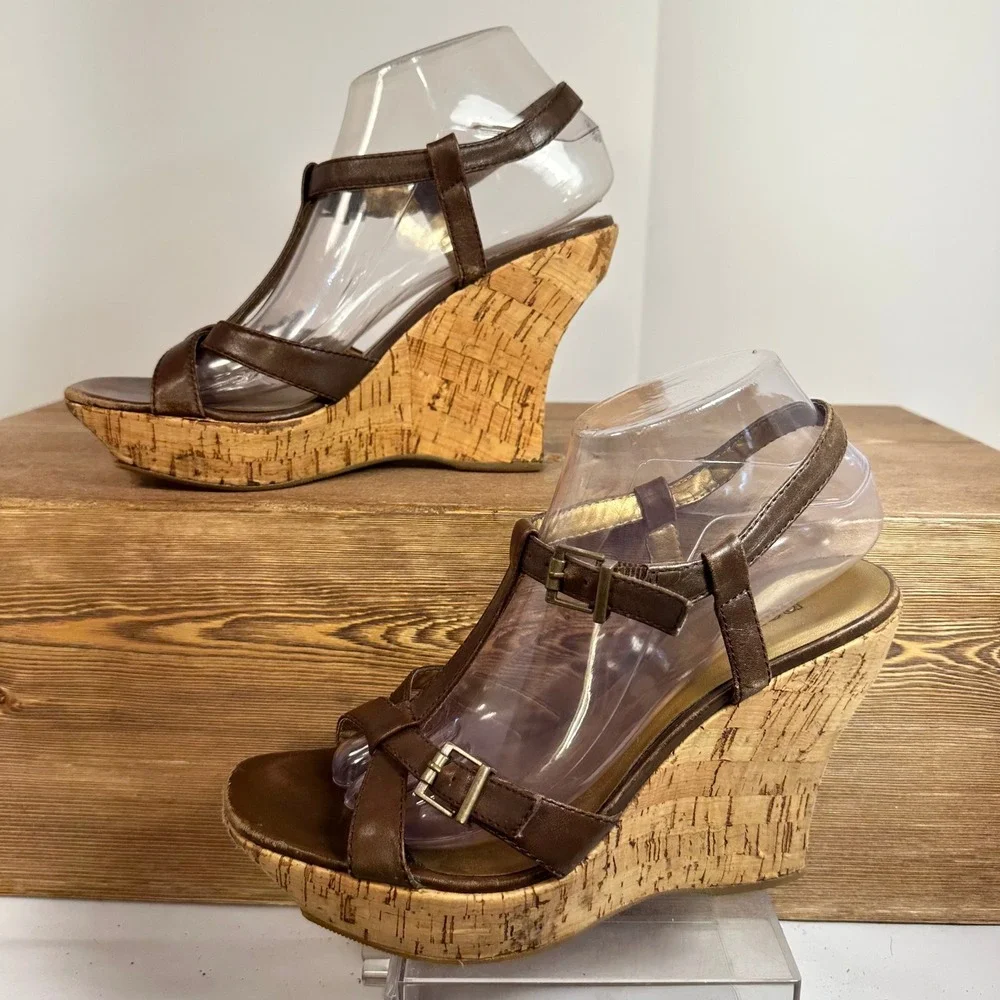 Retro Cork Wedge T-Strap Platform Sandals 8-8. 5 Brown Boho Festival Y2K Retro